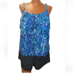 Trimshaper Wireless Swim Romper One Pc Swimsuit Woman Plus 20W Blue Snakeskin